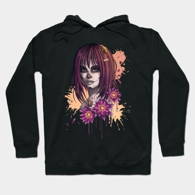 Candy Skull Girl with Flowers and Frogs Hoodie by bomazu